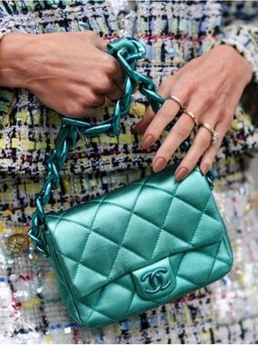 CHANEL Metallic Teal Quilted Shoulder Bag